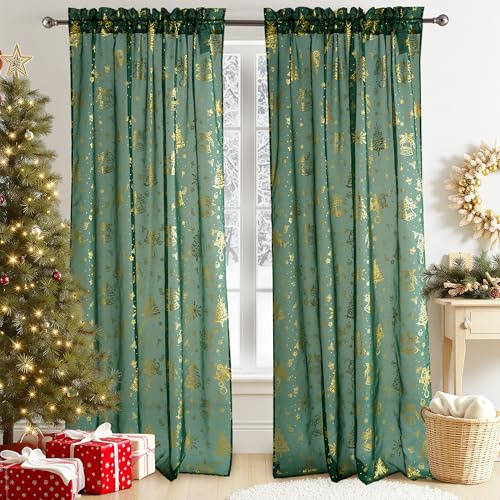 PONY DANCE Green Christmas Voile Curtains - Xmas Gold Foil Snowflake Bell Design, Slot Top Net Panels for Home Decor, Semi-Sheer Holiday Drapes, Set of 2, 52x84 inches