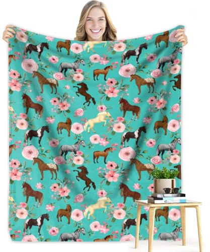 Cute Horse Blanket for Girls Women Western Horses Flowers Fleece Flannel Animal Lover Throw Blankets Soft Lightweight Horse Plush Stuff Green Throws for Kids Adults Bed Sofa Decor 50x60
