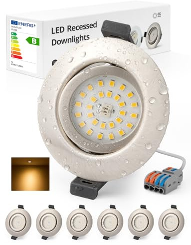 Foco Empotrable LED Techo IP44 Baño Ojos de Buey Interior AC 220V-240V Foco Encastrable Rotable 38° Níquel, Downlight Ø68mm - 80mm para Cuisina Pasillo Lampara Redondo 4.7W 760LM 3000K, Pack de 6