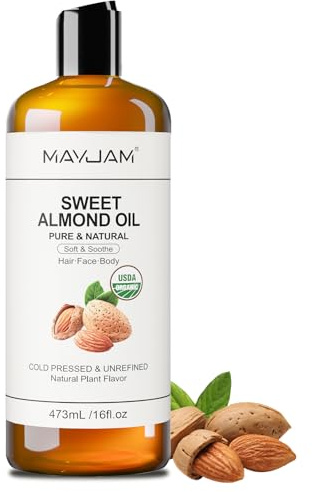 MAYJAM Sweet Almond Oil Organic 473ml, 100% Pure and Natural USDA Certified Sweet Almond Oils with Cold Pressed, Unrefined, Almond Oil Carrier Oil for Skin & Hair, Body Face & Massage