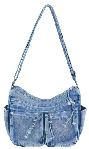 Ausing Bolso de Hombro de Mezclilla Bolso de Hombro con Cremallera Bolso Vintage Bolsa de Denim Ligera para Viaje Diario Azul Oscuro