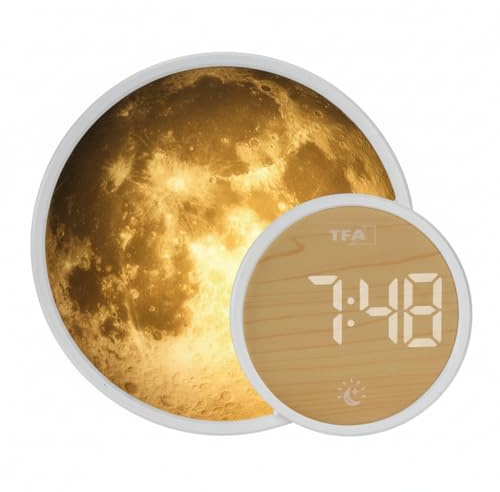 TFA Dostmann Sveglia da comodino digitale luminoso, con luce d'atmosfera, 60.2050, pellicola lunare, luce notturna, SOLUNA MINI, funzione alba, aiuto per addormentarsi, funzione di ricarica, bianca