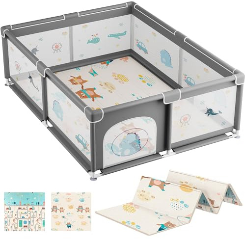 JUPPLIES Parque Infantil Bebé 150x180cm + Alfombra Bebe - Corralito Bebe con Dibujos y Malla Transpirable - Gris