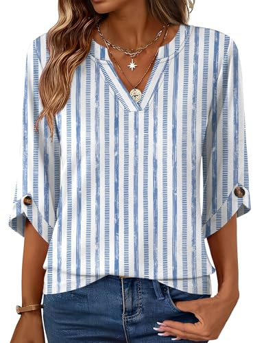 Rapbin Blouses for Women 3/4 Length Sleeve Tunic Tops Summer V-Neck Shirt