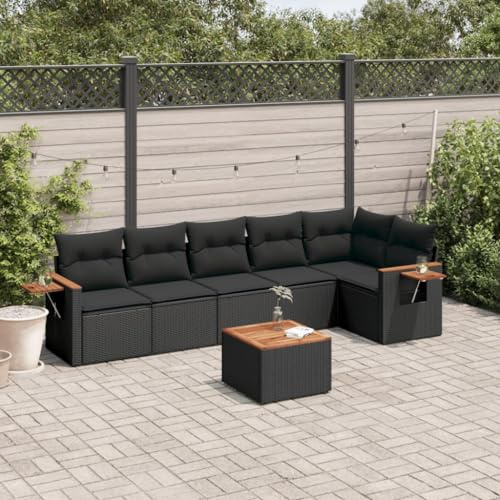 Salon de jardin 7 pièces en résine tressée noire avec coussins, ensemble modulable pour terrasse extérieur, banquette angle avec rangement, table d'appoint pratique pour patio repas détente