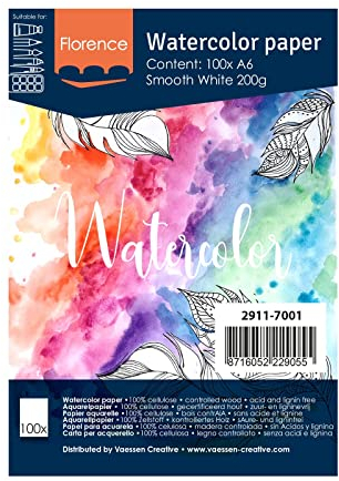 Florence 2911-7001 Vaessen Creative Aquarellpapier, A6, Weiß, 200 g/m² Glattes Papier, 100 Blatt für Aquarellmalerei, Handlettering und Brush Lettering, Canvas, stück