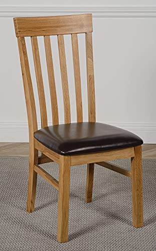 Oak Furniture King Harvard Solid Oak Dining Chairs Set of 4 – Slat Back Wooden Kitchen Chairs, High Back Dining Room Chair with Upholstered Leather Seat, Fully Assembled, Natural Oak Finish, Brown