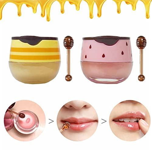2PCS Bee Lip Balm Honey Pot, Honey & Strawberry Propolis Moisturizing, Hydrating & Prevention Dry and Cracked Lip Scrubs Exfoliator (A)
