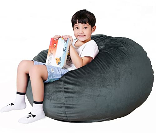 Lukeight Stuffed Animal Storage Bean Bag Chair Cover for Kids, Velvet Plush Toy Organizer Seat, Cover Only, No Filling Included, Long YKK Zipper, Side Pocket, Large 27D x 16H
