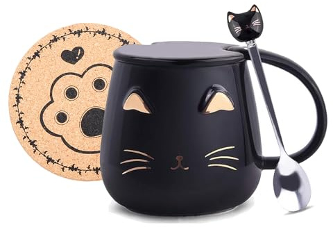 Schwarz Katze Kaffeetasse, Süße Keramik Teetasse mit deckel, Löffel, Heiße Schokolade tasse, Kawaii Becher, Weihnachten Geburtstag Valentinstag Geschenke für Frauen Männer Kinder (Schwarz)