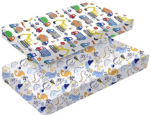 Juego de 2 sábanas bajeras para cuna, 140 x 70 cm, para niñas y niños, ropa de cama para cuna, algodón suave de fácil cuidado y durables, sábanas para cuna de bebé con patrón único de coche y