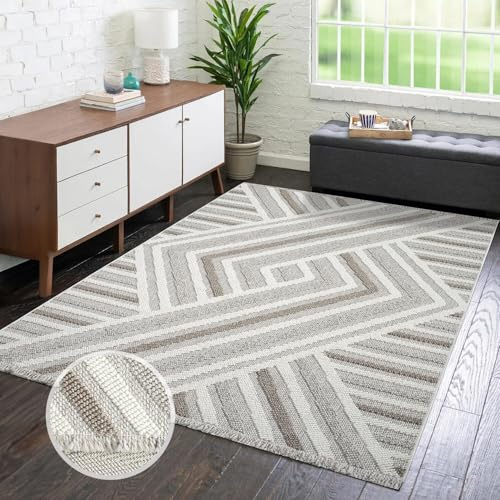 carpet city Teppich Kurzflor Wohnzimmer - Grau, Beige - 120x170 cm - Teppiche Fransen Boho-Style - Geo-Muster - Schlafzimmer, Esszimmer