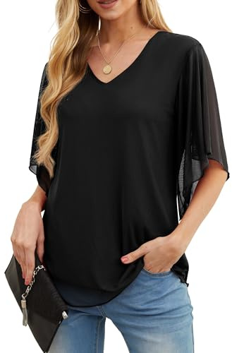QIXING Womens Summer Blouses 3/4 Sleeve V Neck Floaty Tops Short Sleeve Tunics for Women UK (Black, M)