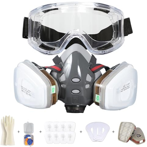 Sumeber Professionelle Wiederverwendbare Halb Gesicht Abdeckung mit Schutzbrille - Ausgestattet mit 2 Filtern und 6 Filterbaumwolle für Industriemalerei, Gas, Schutz, Basteln, Lackierung, Dampf (MS65)
