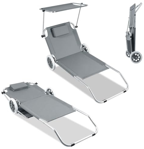 Hebitod Sedia a sdraio con ruote, pieghevole con tetto, 2 pezzi, schienale regolabile in 5 posizioni, portata 100 kg, lettino da campeggio, per spiaggia, piscina, giardino, alluminio, grigio