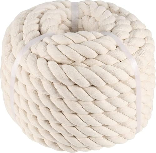 Corde en Coton Tressée 25mm x 15M, Corde Épaisse à 3 Brins Tordus, Corde Macramé en Coton Non Blanchi pour Artisanat, Sports, Suspensions de Paniers et Décorations d'Intérieur