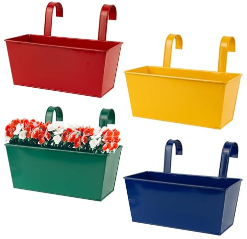 BOFUNX 4pcs Vasi di Fiori da Appendere Vasi di Metallo Esterno Vaso Sospeso Portafiori Pensili con Doppio Gancio Rimovibile per Balcone Recinzione Casa Decorazione