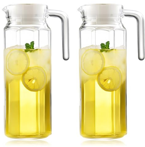 WIYETY Lot de 2 pichets à eau transparents avec couvercle : pichet à jus transparent de 1,1 l avec couvercle, bouteille d'eau en acrylique, pichet à thé glacé en plastique avec poignée, pour vin,