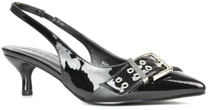 Women's Low Kitten Heel Pointed Toe Slingback Ladies Buckle Detail Black Patent Court Shoes Size 7