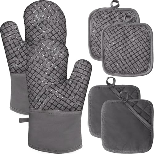 4 guanti da forno e presine, resistenti al calore fino a 260 °C, presina con cotone spesso, superficie antiscivolo in silicone, guanti lunghi da cucina per cucinare e grigliare (grigio)