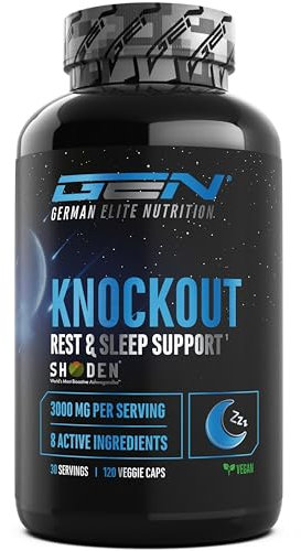 Knockout - Supporto per il sonno e il recupero - 120 capsule con estratto di Ashwagandha Shoden®, magnesio, L-triptofano, L-teanina naturale da tè verde, valeriana - Vegan
