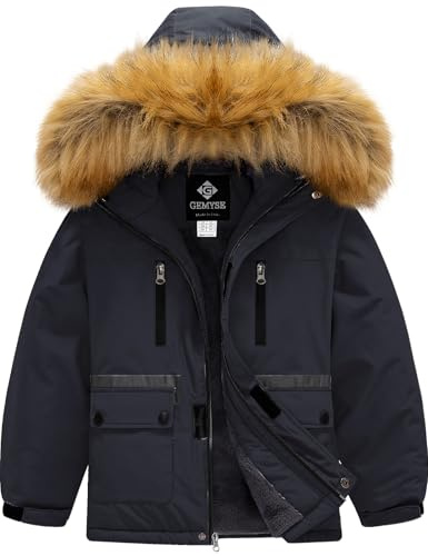 GEMYSE Jungen Skijacke Warm Jungen Winterjacke Wasserdicht Atmungsaktiv mit Pelzkragen Winddicht Outdoorjacke für Kinder(Schwarz,160-168)
