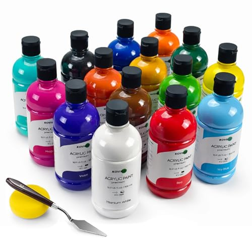 KOVIEDE 15-Farben Acrylfarben Set 15 x 500ml Große Flasche Ungiftig Wasserfest und Lichtecht Acrylfarbe für Leinwand, Holz, Stoff Stein und Bastelprojekte