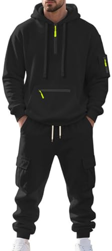 MEDUOLA Survêtement Homme Hiver Veste à Zip avec Capuche Pantalon Jogging à Poche Ensemble 2 Pièces Chaud et Confortable (XL,Noir)