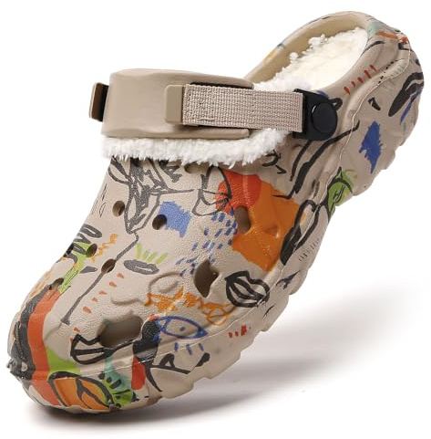SECHRITE Womens Mens Lined Clogs Winter Fuzzy Garden Shoes Graffiti Slip On Breathable Home Sandals Unisex Adult Outdoor Slippers with Adjustable Back Strap Khaki 43