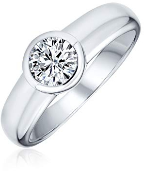 Personalize Modern Simple Minimalist 1CT Cubic Zirconia AAA CZ Bezel Set Round Solitaire Promise Engagement Ring For Women .925 Sterling Silver Plain Band Customizable
