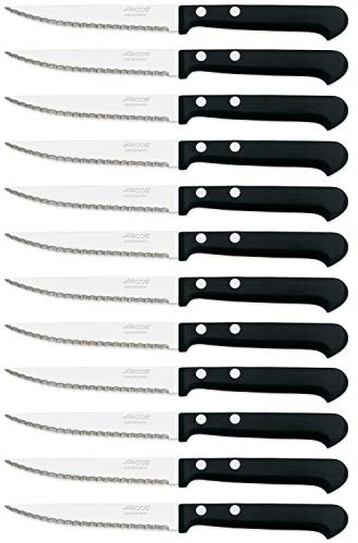 Arcos Cuchillos de Mesa Caja de 12 uds Cuchillo Chuletero Cuchillo de Mesa, Hoja de Acero Inoxidable NITRUM 110 mm, Mango de Nylon, Color Negro (12 uds)