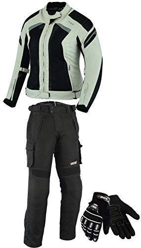 BOSmoto DAMEN MOTORRADKOMBI JACKE + HOSE + HANDSCHUHEN - BIKE MOTORRAD ROCKER TOURING in verschiedenen farben (L, Grau)
