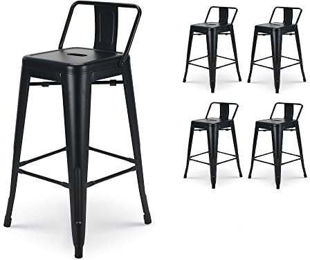 Kosmi - Posten mit 4 Barhockern aus mattschwarzem Metall mit Kleiner Rückenlehne und Barstühlen. Höhe 66 cm. Perfekt für 90 cm Tisch, Mittelinsel oder Arbeitsplatte