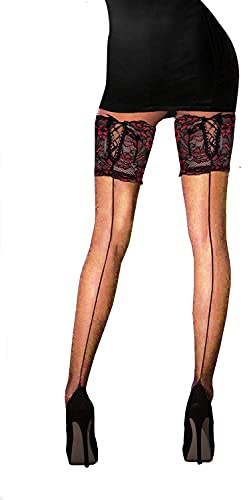 Bas Voile Couture Dentelle Motif Floral Rouge Lacet AutoFixant (Noir, Chair) (Chair)