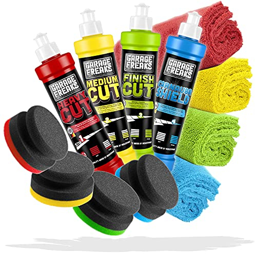 Garage Freaks Handpolieren: Heavy Cut, Medium Cut & Finish 250 ml + Schutz Carnauba Schild + 4 Polierschwamm + 4 Polierschwamm + 4 Poliertuch in Mikrofaser 40 x 40 cm 550 GSM