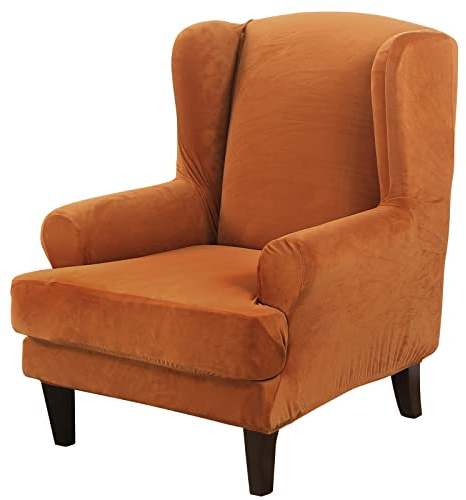 MIFXIN Wingback Chair Slipcover 2-Piece Velvet Stretch Wing Chair Slipcovers with Cushion Cover Removable Washable Armchair Sofa Furniture Protector for Living Room Bedroom (Orange)