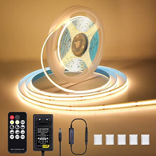 KWODE LED Strip Warmweiss, 5m Dimmbares 24V Flexibles COB LED Streifen Licht,3000k DIY LED Lichtband mit Netzteil und Controller für Wohnzimmer Schlafzimmer Küche Dekoration