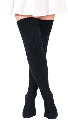 FGFD&OU Calze da Donna Sopra il Ginocchio Calze a Maglia Calzettoni Termici Lunghe Invernale Warmer Calze di Coscia Morbidi Retro per Ragazze e Donne, Calzini di Natale (Nero)