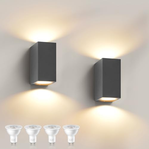 Wandleuchte Aussen Innen 2 Stück, IP65 Wasserdichte 10W Warmweiß 3000K Aluminium Eckig Außen Wandlampe Außenlampe mit GU10 Glühbirnen Außenleuchte für Garten Front Badezimmer Veranda Garage Anthrazit
