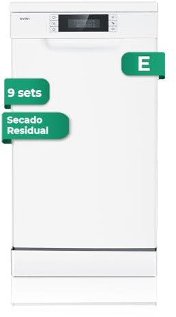 Svan Lavavajillas 45 cm Blanco SJ94500ED. 2100W, 9 Cubiertos, 2 Bandejas, 7 Programas, Display LED manual, Función Stop&Go, Bajo nivel Sonoro, Eficiencia Energética Clase E
