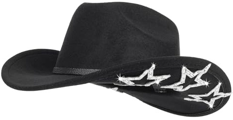 Western Cowboy Hat for Men Women Classic Roll Up Fedora Hat with Buckle Belt(Size:S-M), Black With Six Star, S/M