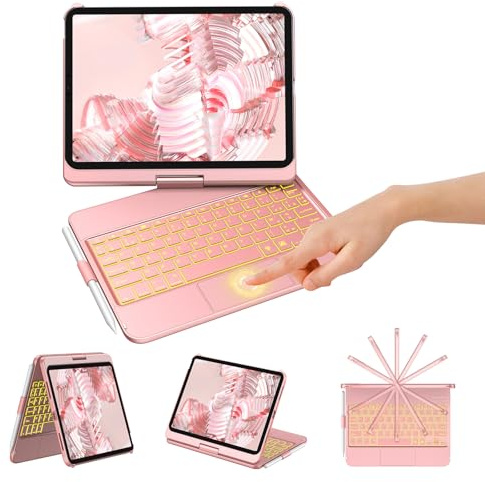 KBCASE Clavier pour iPad A16 11/10 Ème Generation avec Pavé Tactile (11 Pouces 2025/10.9 Pouces 2022), 360° Rotatif, 7 Couleurs Rétroéclairées avec Porte Crayon, AZERTY pour iPad 10eme/11eme, Or Rose