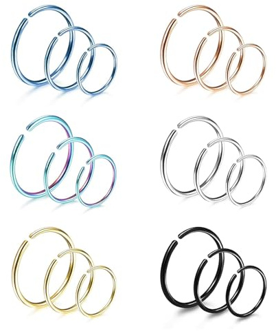 Ryaupy 18 Pezzi 20 Gauge Anello in Acciaio Inossidabile Naso Orecchino Cerchi per Piercing del Corpo per Donna Uomo Anello al Naso 6/8/10mm (6 Volori, 3 Taglie)