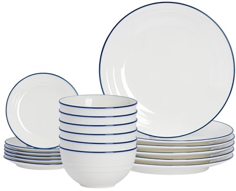 Nicola Spring Farmhouse 18 Piece Dinner Set - White Porcelain Rustic Country Cottage Tableware with 6 Dinner Plates, 6 Side Plates & 6 Cereal Bowls