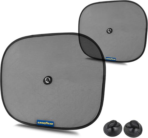 Goodyear 2pc Folding Sun Shade Universal fit for most cars, vans & SUVs| Easy to install & remove | See through mesh reduces glare | Attached easily with suction cup | Blocks Sunlight & Reduces Heat