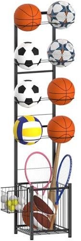 CADUKE Almacenamiento de baloncesto y deportes, estante vertical para 8 pelotas y raquetas, ideal para garaje, interior y exterior