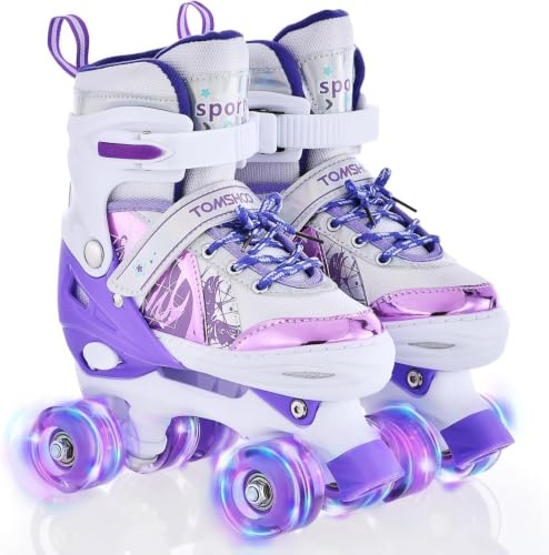TOMSHOO Rollschuhe Kinder, Roller Skates mit 4 Größen Verstellbar, LED Rädern, Mehrere Größenoptionen, für Weihnachts und Geburtstags Geschenke, Größe XS, Violett