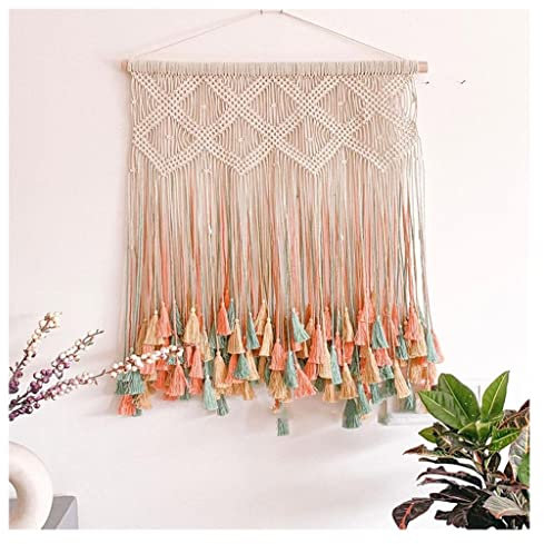 Arazzo da parete in macramè intrecciato a mano per la decorazione della casa, filo di cotone colorato e asta in legno, perfetto per casa, hotel o Airbnb, di grandi dimensioni, 90 x 90 cm