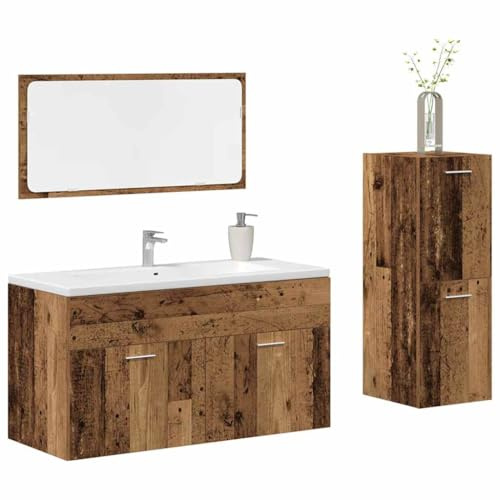 Gecheer P3328593 Set di mobili da bagno 3 pezzi, venature del legno anticato, struttura in legno multistrato, set completo di mobili da bagno, mobiletto sottolavabo (lavabo non incluso)