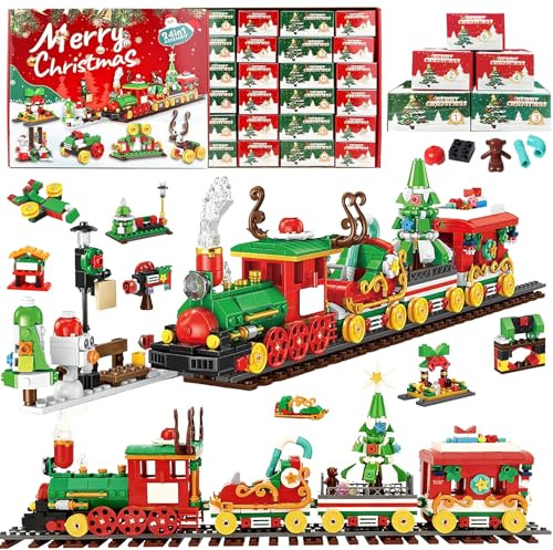 TZEKING Calendario Adviento,con 24 Sorpresas,Navideñas Juguetes de Bloques de Construcción,Regalo de Cuenta Atrás de Navidad (Tren de cuernos de ciervo)